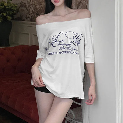 Oversized T Shirts For Women Streetwear Inclined Collar Y2k Top Letters Printing Camisetas Short Sleeve Ropa Mujer Summer Outfit