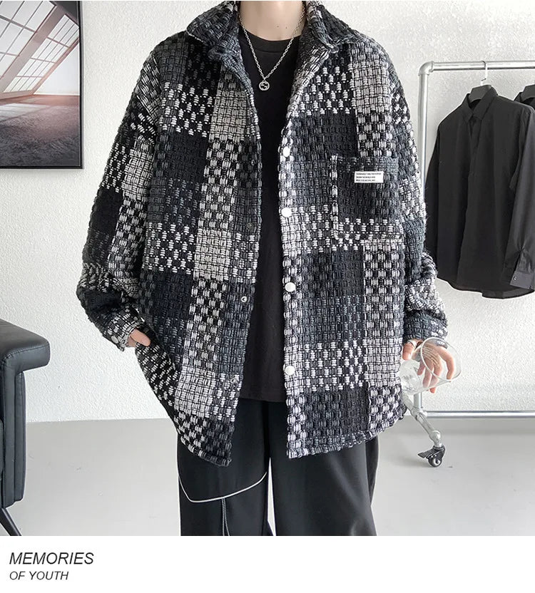 Plaid Jacket Men's Casual Coat Woven Check Jacket Loose Thick Oversize Jacket Men Winter Coat Warm Streetwear