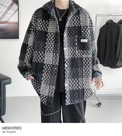 Plaid Jacket Men's Casual Coat Woven Check Jacket Loose Thick Oversize Jacket Men Winter Coat Warm Streetwear
