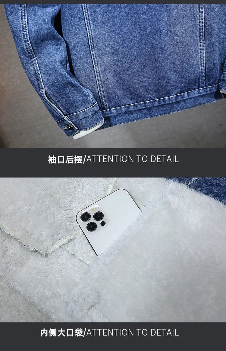 Hooded Denim Jacket Men's Retro Jacket Autumn and Winter Coat Hooded Plus Velvet Windbreaker Thickened and Warm for Men