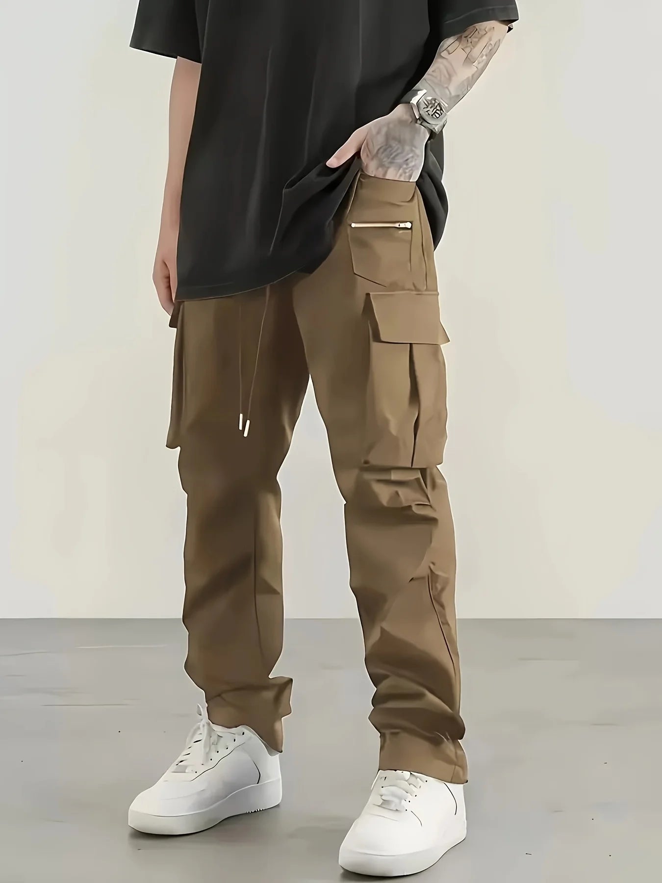 Cargo Pants Men High Street Fashion Multi Pockets Pant Elastic Waist Drawsting Casual Pants Autumn Spring Outdoor Loose Trousers