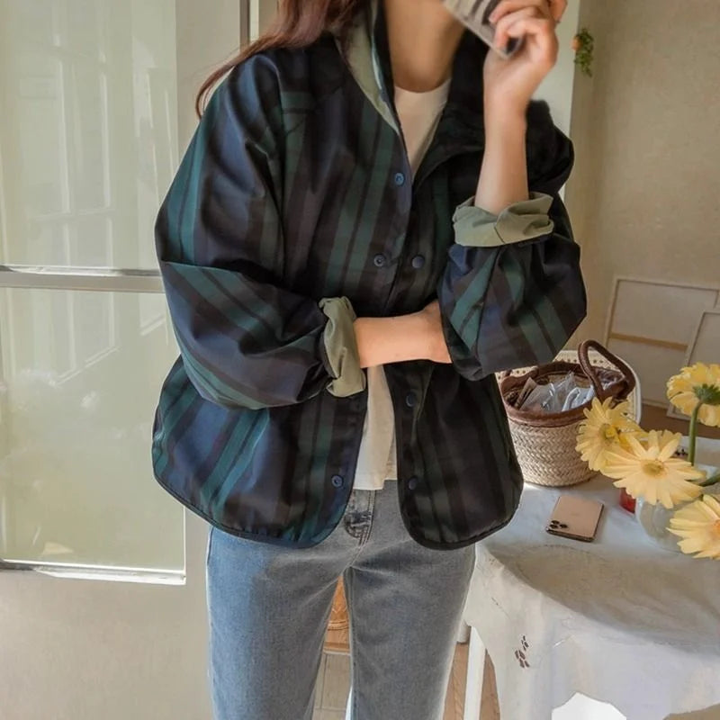 Women's Jacket New Fashion Double-sided Wear Joker Plaid Jacket Women's Spring and Autumn new Loose Jacket Short Trench Coat
