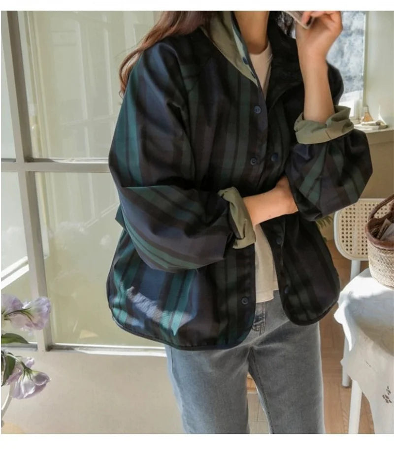 Women's Jacket New Fashion Double-sided Wear Joker Plaid Jacket Women's Spring and Autumn new Loose Jacket Short Trench Coat