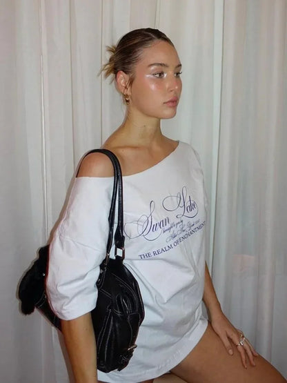 Oversized T Shirts For Women Streetwear Inclined Collar Y2k Top Letters Printing Camisetas Short Sleeve Ropa Mujer Summer Outfit