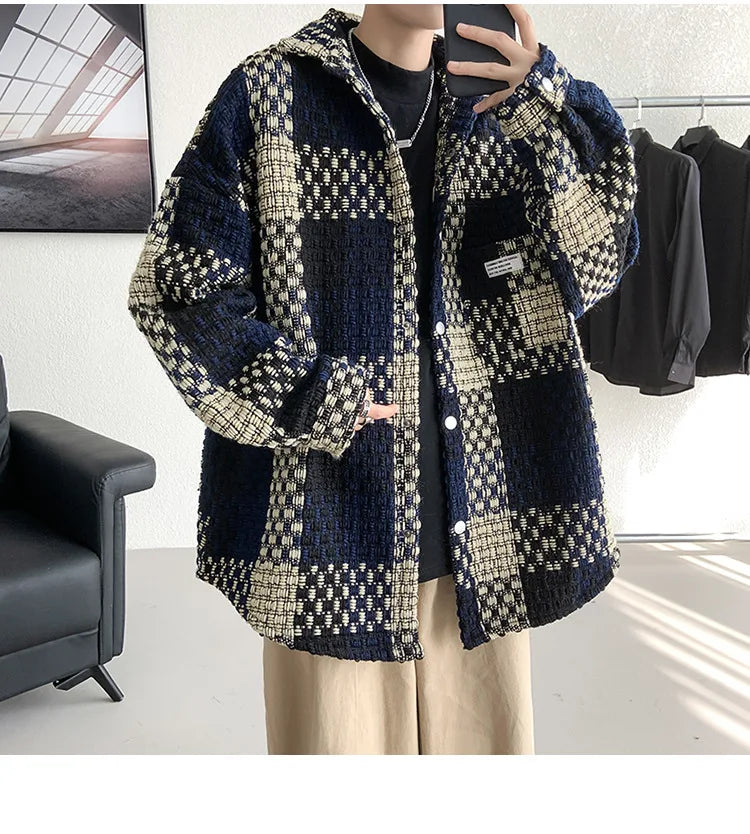 Plaid Jacket Men's Casual Coat Woven Check Jacket Loose Thick Oversize Jacket Men Winter Coat Warm Streetwear