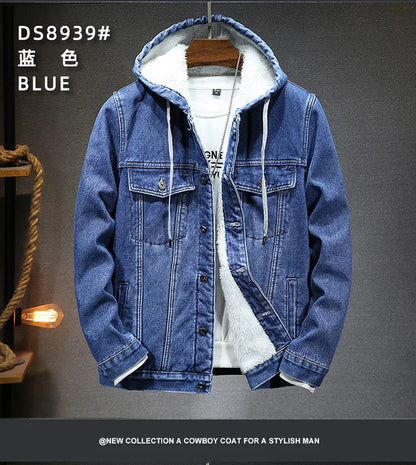 Hooded Denim Jacket Men's Retro Jacket Autumn and Winter Coat Hooded Plus Velvet Windbreaker Thickened and Warm for Men