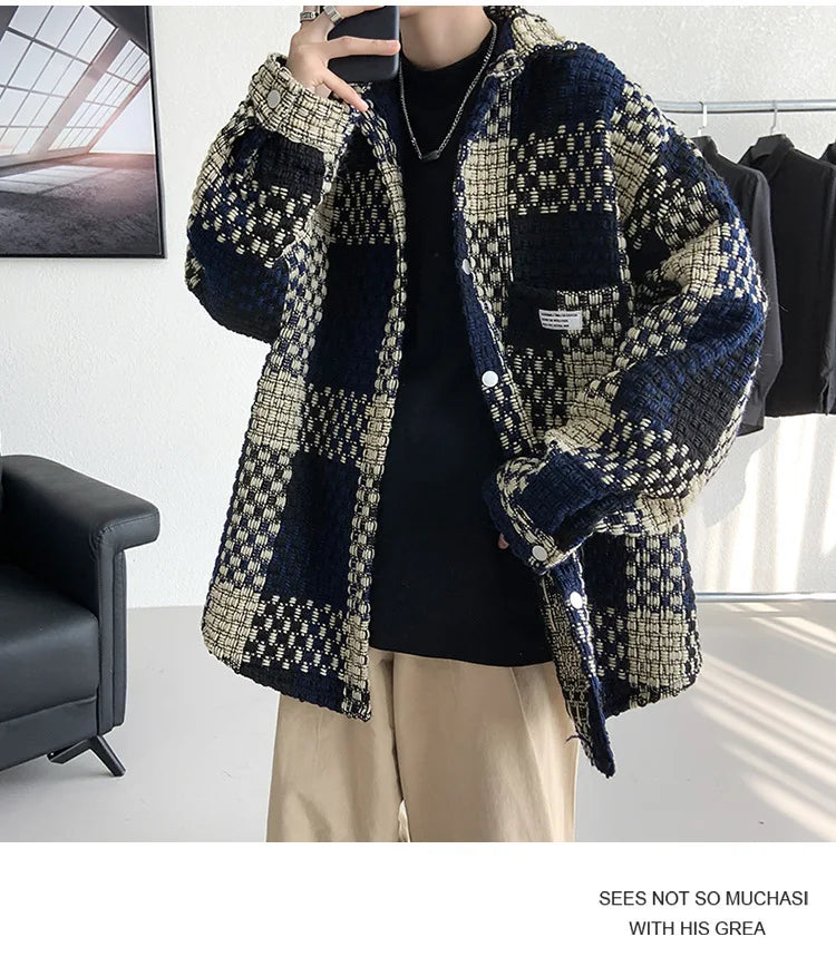 Plaid Jacket Men's Casual Coat Woven Check Jacket Loose Thick Oversize Jacket Men Winter Coat Warm Streetwear