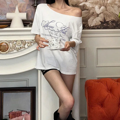 Oversized T Shirts For Women Streetwear Inclined Collar Y2k Top Letters Printing Camisetas Short Sleeve Ropa Mujer Summer Outfit