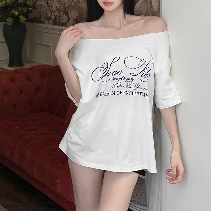Oversized T Shirts For Women Streetwear Inclined Collar Y2k Top Letters Printing Camisetas Short Sleeve Ropa Mujer Summer Outfit