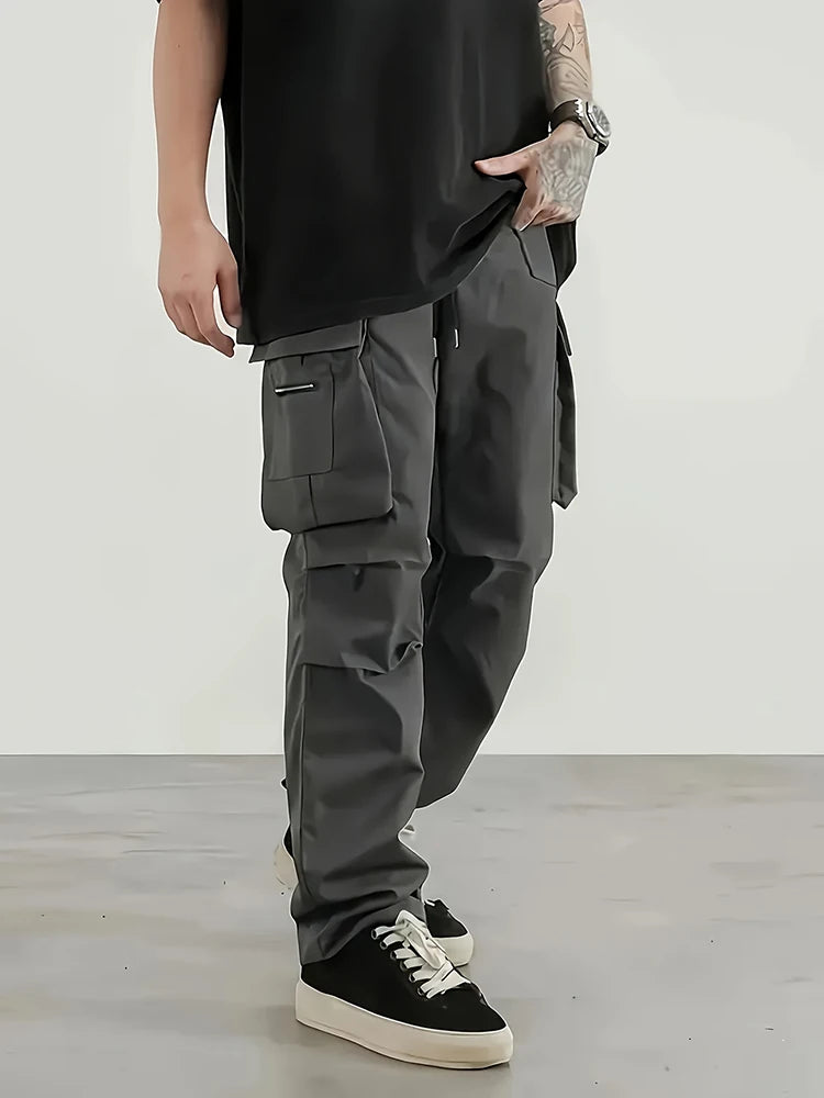 Cargo Pants Men High Street Fashion Multi Pockets Pant Elastic Waist Drawsting Casual Pants Autumn Spring Outdoor Loose Trousers