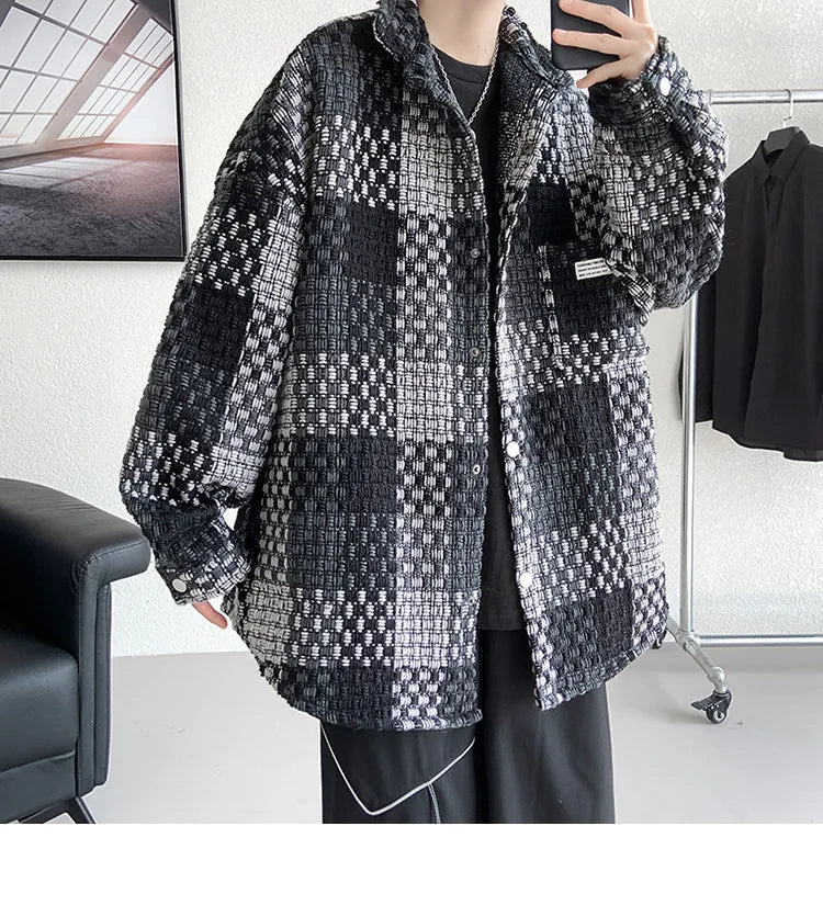 Plaid Jacket Men's Casual Coat Woven Check Jacket Loose Thick Oversize Jacket Men Winter Coat Warm Streetwear