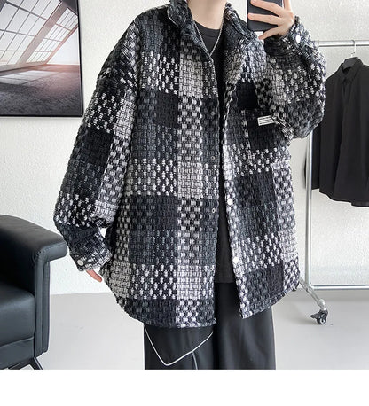Plaid Jacket Men's Casual Coat Woven Check Jacket Loose Thick Oversize Jacket Men Winter Coat Warm Streetwear