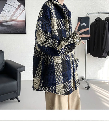 Plaid Jacket Men's Casual Coat Woven Check Jacket Loose Thick Oversize Jacket Men Winter Coat Warm Streetwear