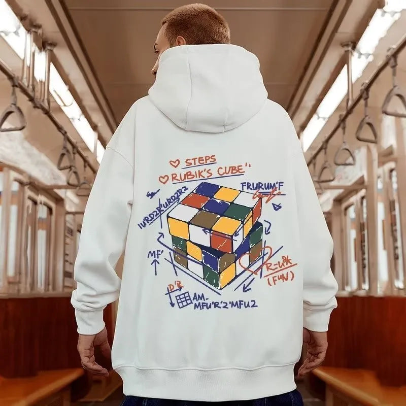 【M-8XL Hoodies】Men Oversized Pullover Hoodie Fashion Loose Multicolor Rubik’s Cube Panda Print Long Sleeve Couple Clothes