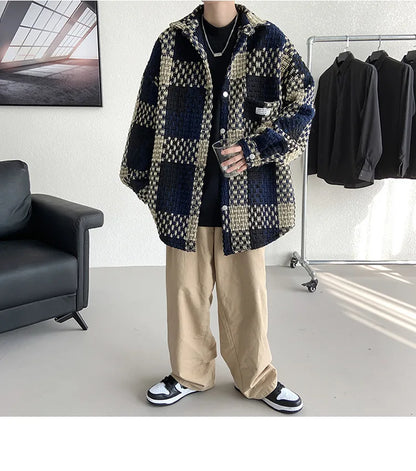 Plaid Jacket Men's Casual Coat Woven Check Jacket Loose Thick Oversize Jacket Men Winter Coat Warm Streetwear
