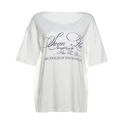 Oversized T Shirts For Women Streetwear Inclined Collar Y2k Top Letters Printing Camisetas Short Sleeve Ropa Mujer Summer Outfit