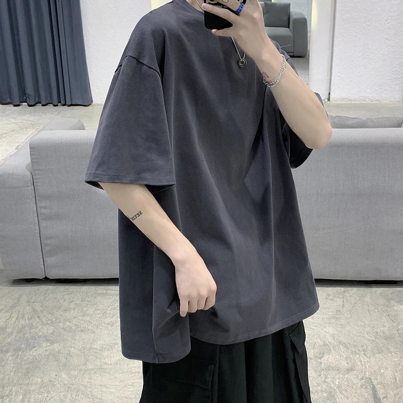 Oversized Summer Short Sleeve Men's T Shirt New Fashion Solid Loose O-Neck T Shirts Mens Cotton Hip Hop Streetwear Top Tees 5XL