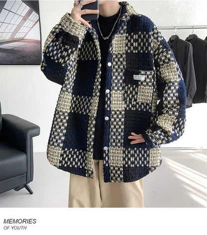 Plaid Jacket Men's Casual Coat Woven Check Jacket Loose Thick Oversize Jacket Men Winter Coat Warm Streetwear