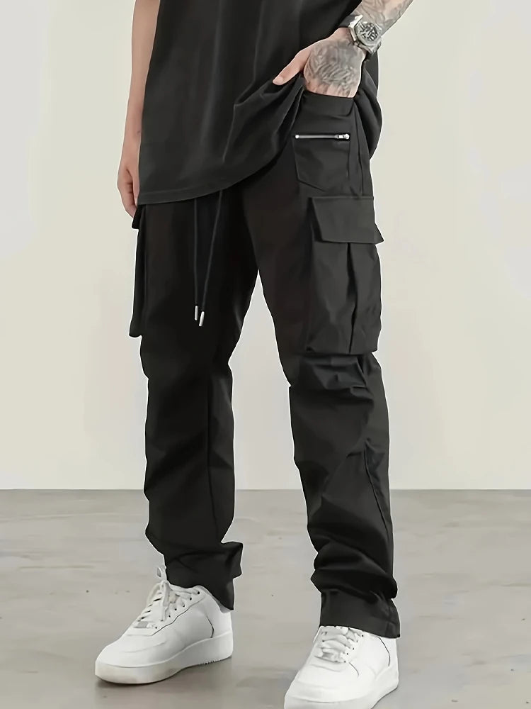Cargo Pants Men High Street Fashion Multi Pockets Pant Elastic Waist Drawsting Casual Pants Autumn Spring Outdoor Loose Trousers