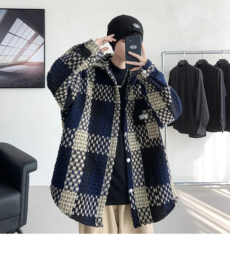 Plaid Jacket Men's Casual Coat Woven Check Jacket Loose Thick Oversize Jacket Men Winter Coat Warm Streetwear
