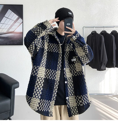Plaid Jacket Men's Casual Coat Woven Check Jacket Loose Thick Oversize Jacket Men Winter Coat Warm Streetwear