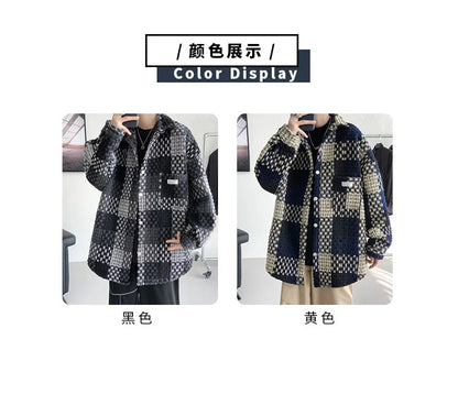 Plaid Jacket Men's Casual Coat Woven Check Jacket Loose Thick Oversize Jacket Men Winter Coat Warm Streetwear