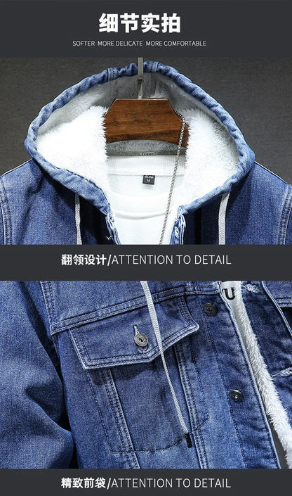 Hooded Denim Jacket Men's Retro Jacket Autumn and Winter Coat Hooded Plus Velvet Windbreaker Thickened and Warm for Men