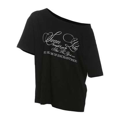 Oversized T Shirts For Women Streetwear Inclined Collar Y2k Top Letters Printing Camisetas Short Sleeve Ropa Mujer Summer Outfit